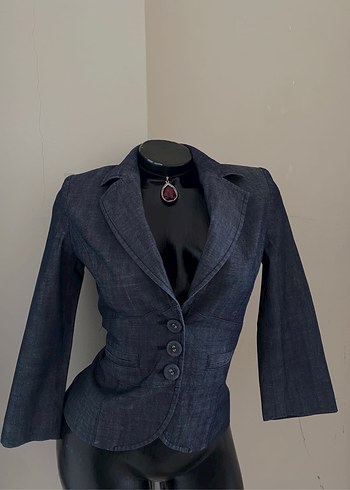 Lacivert Denim Düğmeli Kadın Blazer Ceket