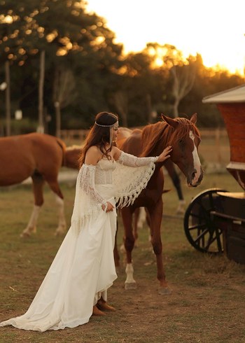 Dantel Detaylı Bohem Uzun Gelinlik - Görsel 2