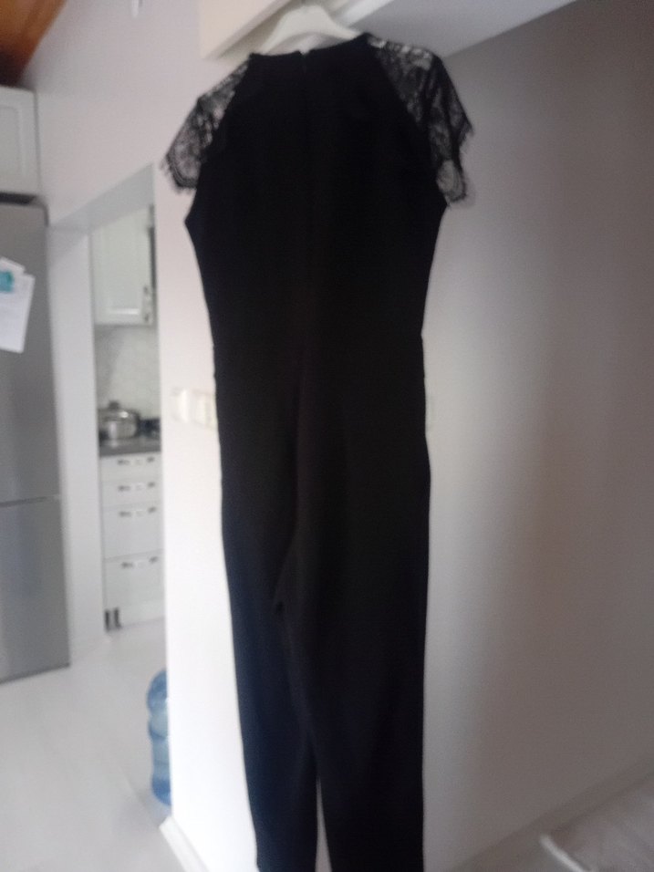 Siyah Dantelli V Yakalı Kadın Tulum kurtarıcı  bi parça - Görsel 3