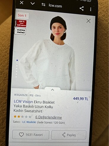48 Beden beyaz Renk LCW Sweatshirt