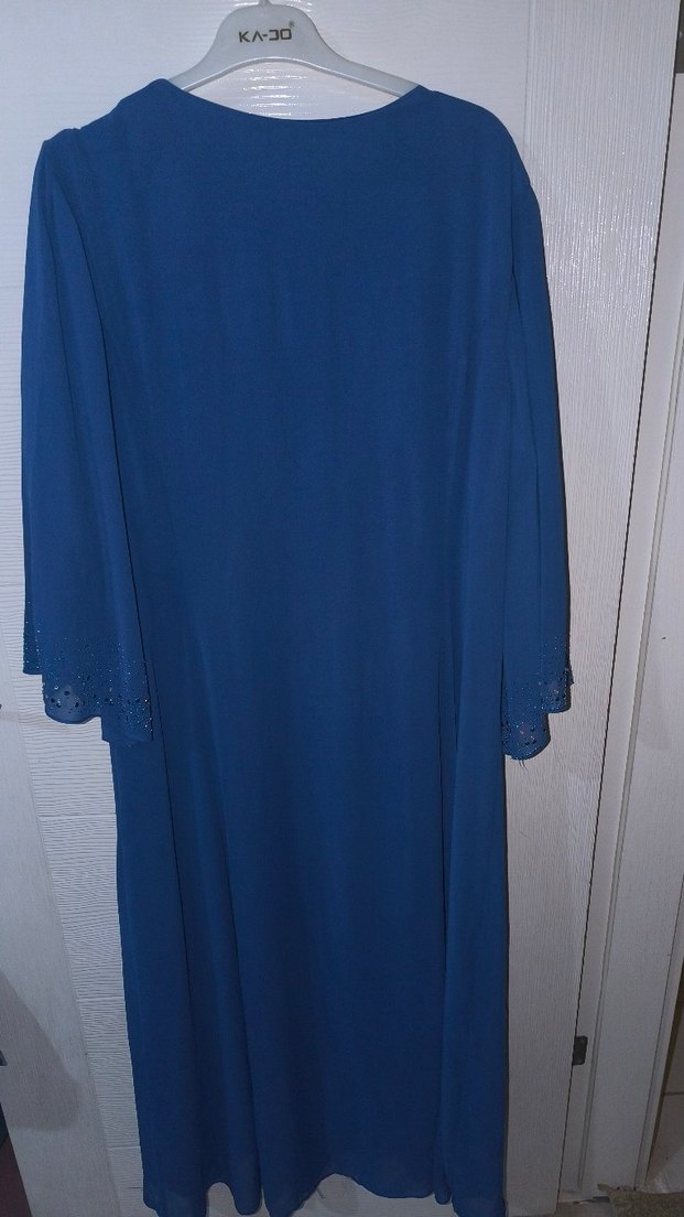 Uzun Kollu Mavi V Yaka Salaş Abiye Elbise - Görsel 2