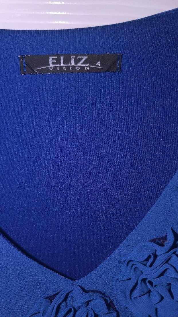 Uzun Kollu Mavi V Yaka Salaş Abiye Elbise - Görsel 3