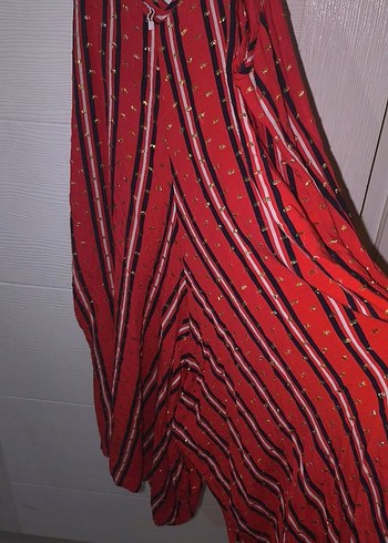 Kırmızı V Yaka Uzun Bohem Elbise - Görsel 2