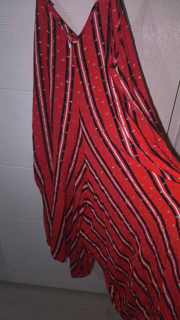 Kırmızı V Yaka Uzun Bohem Elbise - Görsel 2