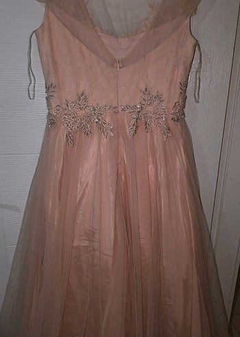 Bej İşlemeli V Yaka Uzun Abiye Elbise - Görsel 2