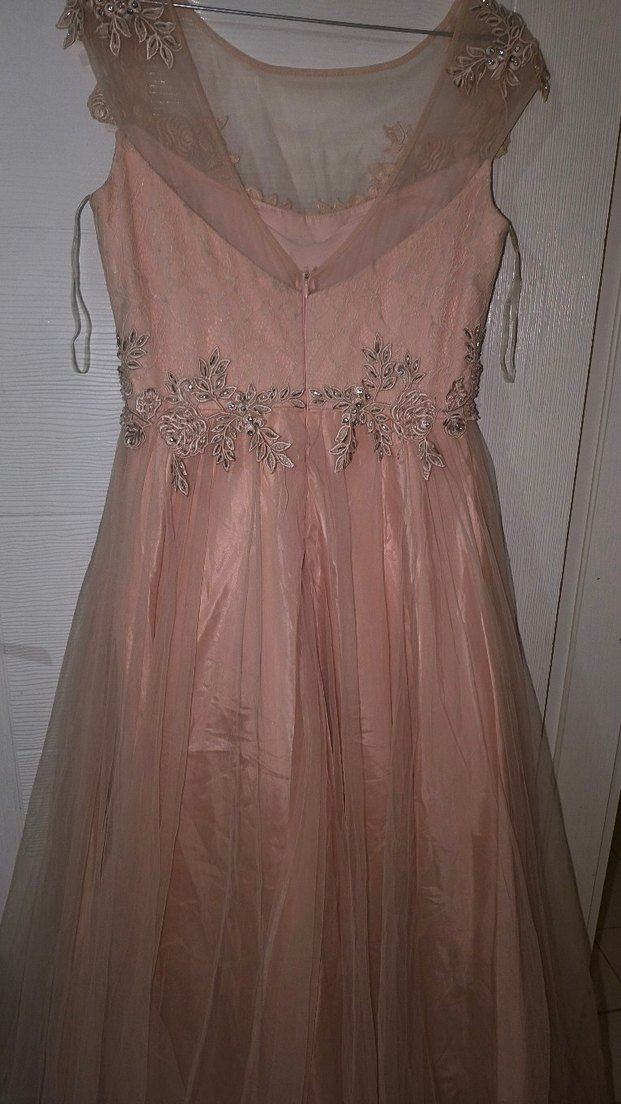 Bej İşlemeli V Yaka Uzun Abiye Elbise - Görsel 2