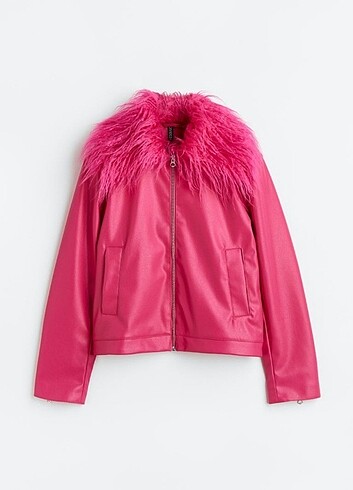 H&M yakası kürklü pembe deri ceket