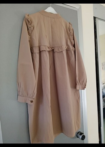 40 Beden camel Renk Bej Keten Robalı Kadın Midi Tunik