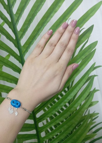 ortası gümüş zinciri çelik Firuze taşlı bileklik - Görsel 5