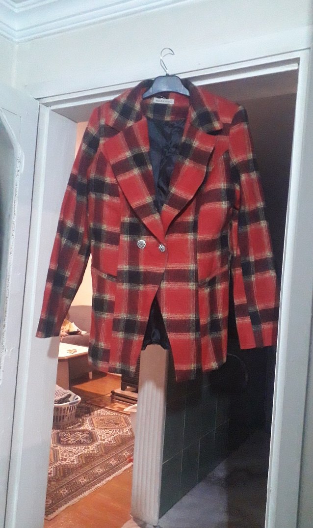 Kareli Koyu Kırmızı Kadın Blazer Ceket - Görsel 2