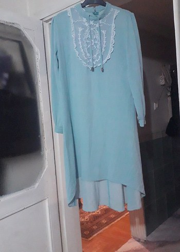 Nakışlı Turkuaz Uzun Kollu Uzun Tunik - Görsel 2