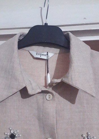 Nakışlı Bej Uzun Keten Kadın Gömlek - Görsel 3