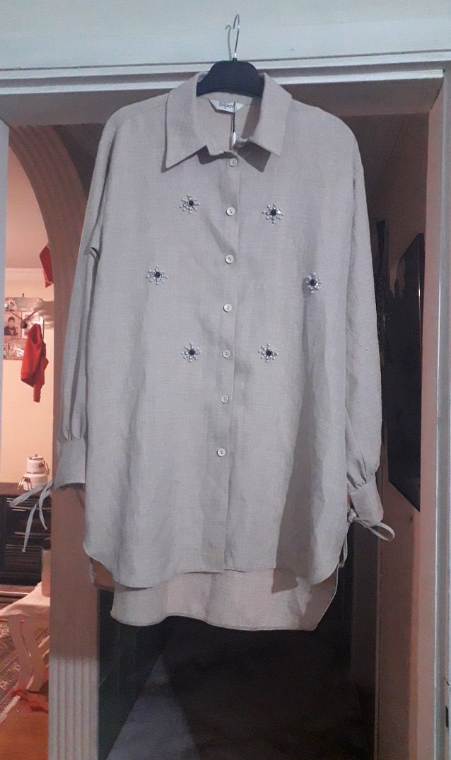 Nakışlı Bej Uzun Keten Kadın Gömlek - Görsel 2