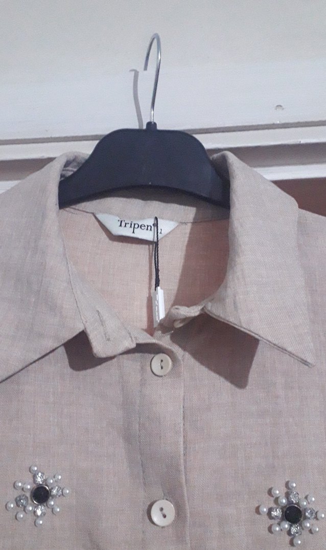 Nakışlı Bej Uzun Keten Kadın Gömlek - Görsel 3