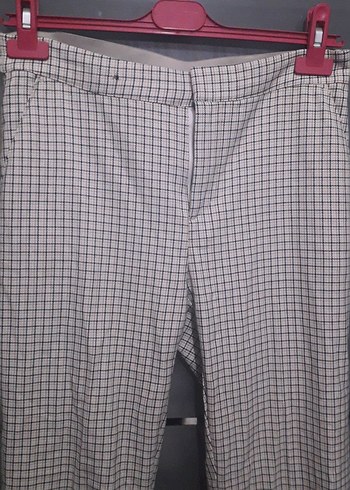 krem renk kare çizgili  Midi Kumaş Pantolon - Görsel 3