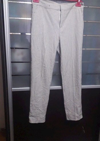 krem renk kare çizgili  Midi Kumaş Pantolon - Görsel 2