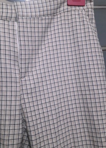 krem renk kare çizgili  Midi Kumaş Pantolon - Görsel 4