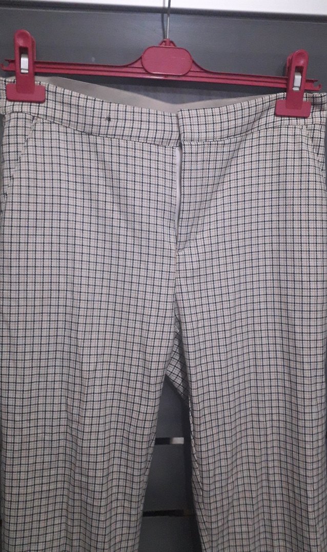 krem renk kare çizgili  Midi Kumaş Pantolon - Görsel 3