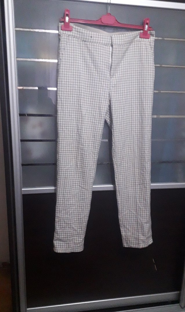 krem renk kare çizgili  Midi Kumaş Pantolon - Görsel 2