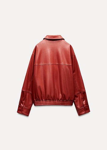 Kadın Kırmızı Deri Fermuarlı Ceket - Görsel 2