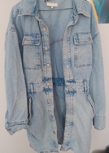 Düğmeli Mavi Midi Denim Ceket