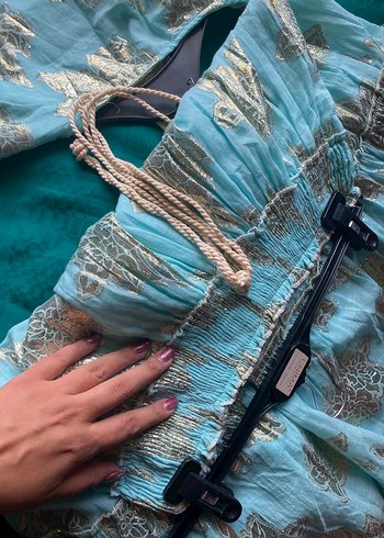 m Beden Turkuaz Nakışlı Dantel Detaylı Bohem elbise