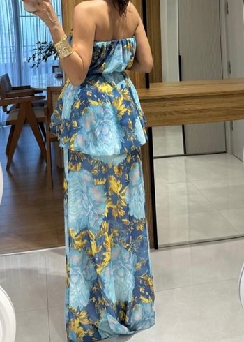 Zara Mavi Straplez Bohem Uzun Elbise