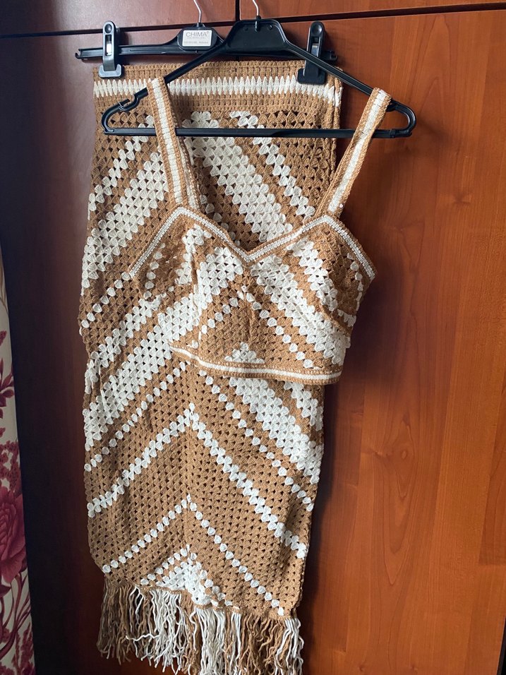 Kahverengi Örgü Desenli plaj ikili takım - Görsel 4