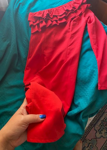 s Beden Uzun Kollu Kırmızı Fitted Kadın Elbise