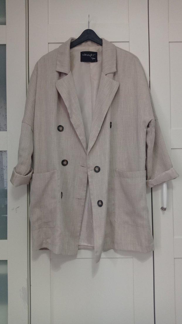 Bej Keten Düğmeli Midi Ceket - Görsel 2