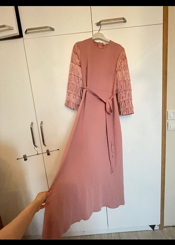 Armine Püsküllü Bohem Uzun Kollu Pembe Elbise