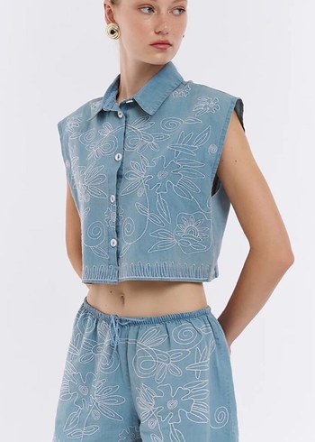 Quzu Mavi Kolsuz Nakışlı Denim  Takım - Görsel 2