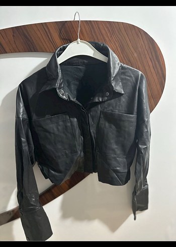 Düğmeli Siyah Deri Kadın Ceket Pantolon Takım - Görsel 3