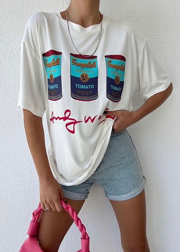 Beyaz Baskılı Oversize Kadın Tişört - Görsel 2