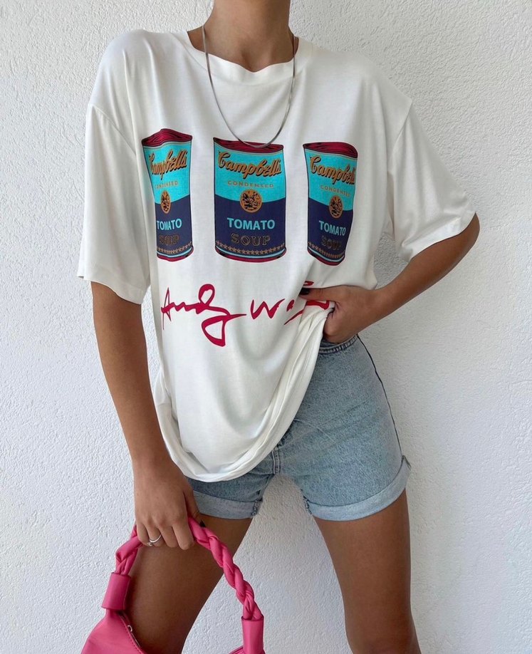 Beyaz Baskılı Oversize Kadın Tişört - Görsel 2