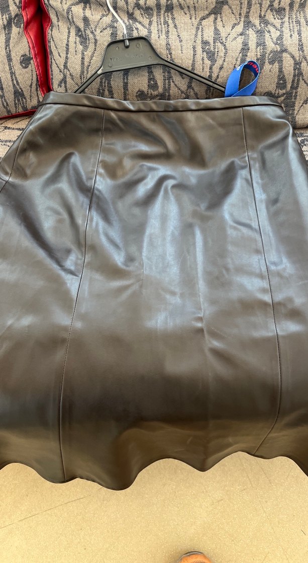 Drapeli Kahverengi Deri Midi etek - Görsel 4