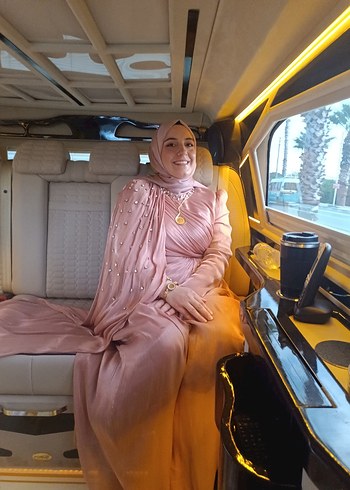 46 Beden pembe Renk Uzun Pembe Drapeli Tesettür Abiye Elbise