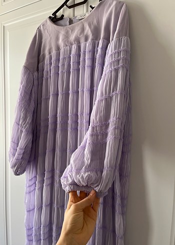 Uzun Kollu Pliseli Lila Keten Elbise - Görsel 3