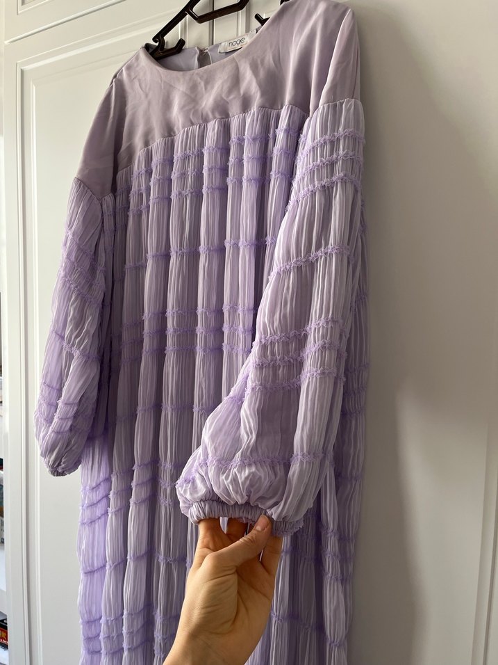 Uzun Kollu Pliseli Lila Keten Elbise - Görsel 3