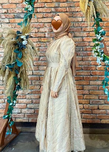 Bej İşlemeli Uzun Abiye Elbise - Görsel 3