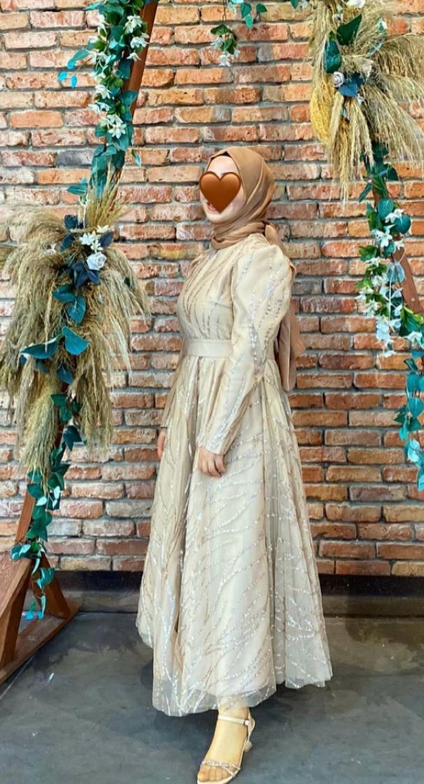 Bej İşlemeli Uzun Abiye Elbise - Görsel 3