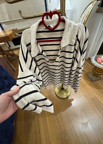 Çizgili Gri Kadın Örgü Kazak - Görsel 4