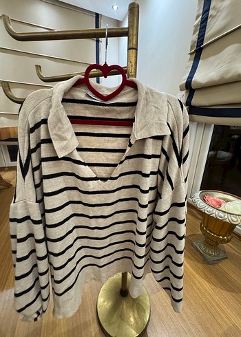 Çizgili Gri Kadın Örgü Kazak - Görsel 2