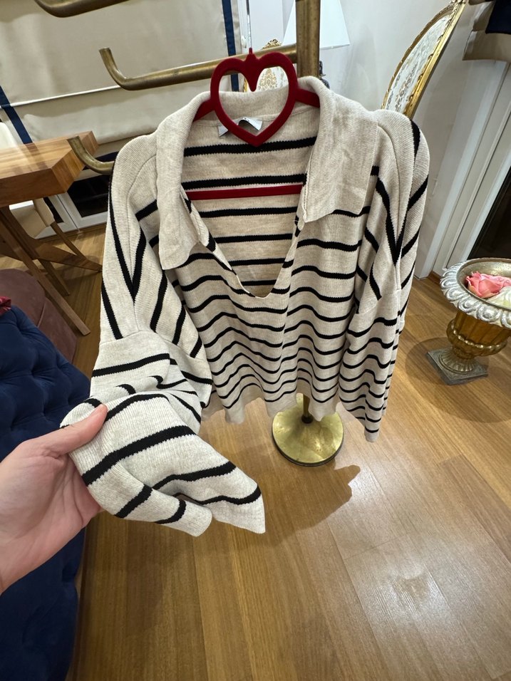 Çizgili Gri Kadın Örgü Kazak - Görsel 4