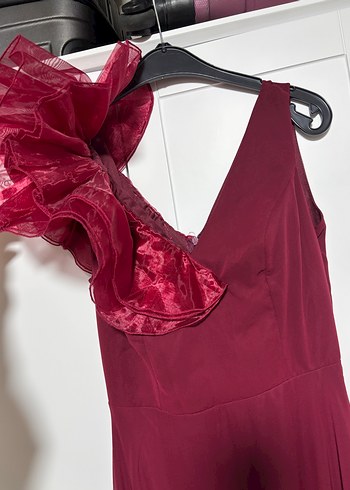 Bordo V Yakalı Uzun Abiye Elbise - Görsel 2