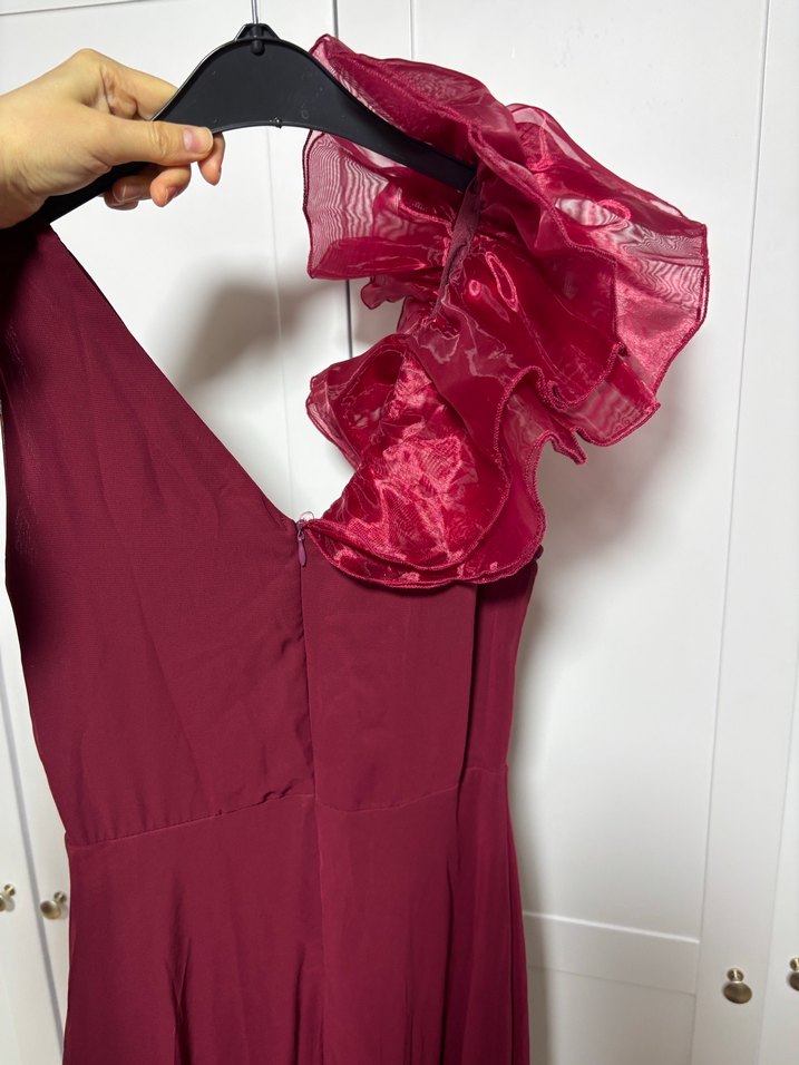 Bordo V Yakalı Uzun Abiye Elbise - Görsel 3