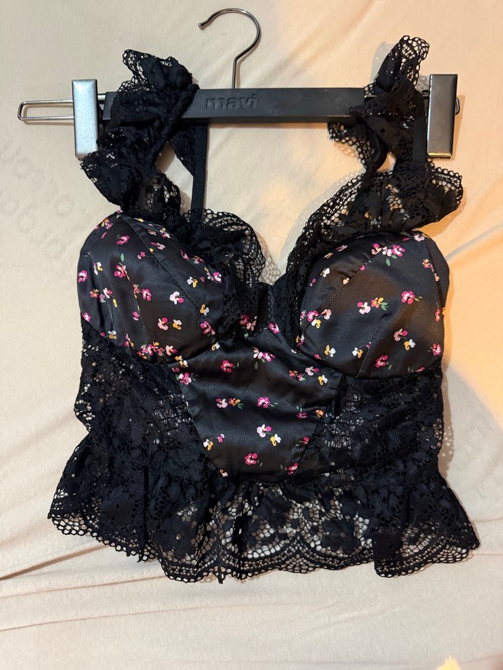 Dantel Detaylı Siyah çiçekli Bustiyer - Görsel 2