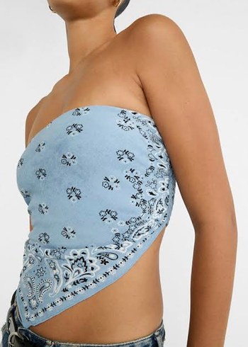 Stradivarius Kadın MaviStraplez Bandana Bluz - Görsel 3