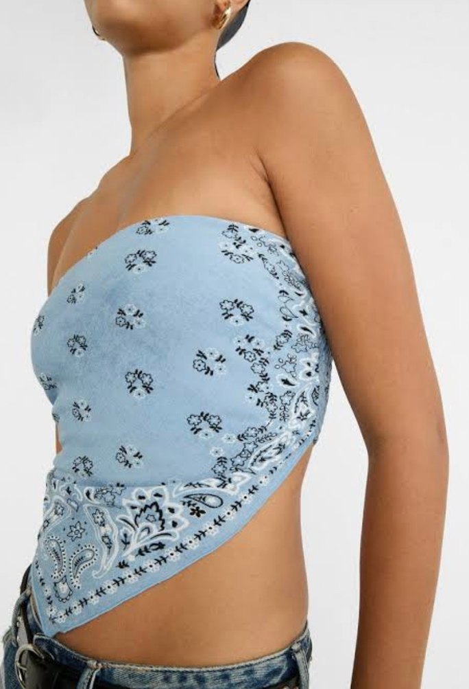 Stradivarius Kadın MaviStraplez Bandana Bluz - Görsel 3