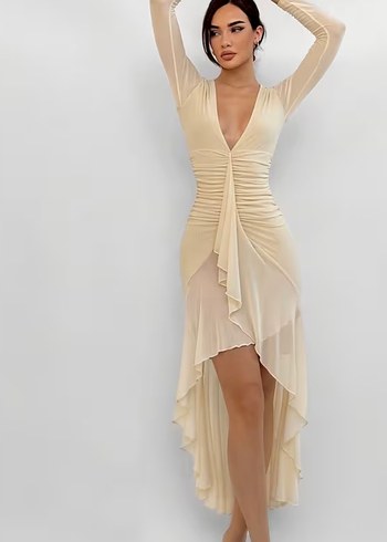 Bej Drapeli Uzun Kollu V Yaka Elbise - Görsel 2